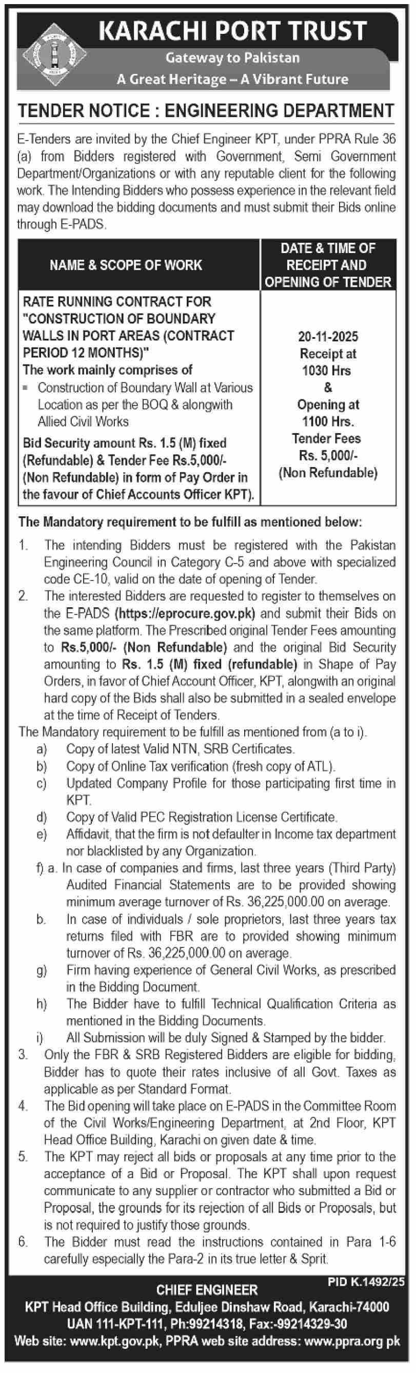 Karachi Port Trust Karachi Tender Notice